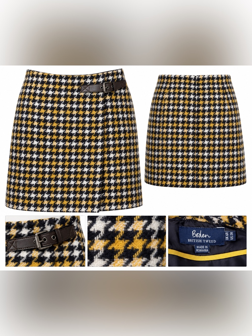 Boden British Tweed Houndstooth Mini Skirt Size 2R Wool Blend Leather Buckle